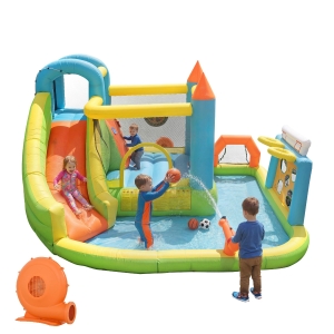 Castello gonfiabile per bambini 3-10 anni con scivolo, canestri, porta e piscina, 360x320x200 cm, Multicolore