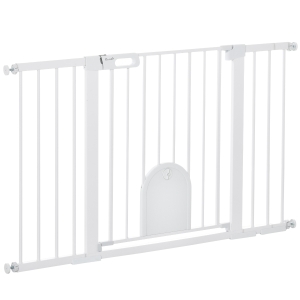 PawHut Barrera de Seguridad para Perros con Puerta Pequeña para Escaleras y Puertas 75-131 cm con 3 Extensiones Blanco