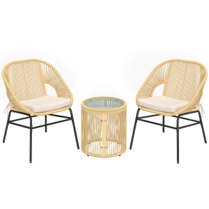Outsunny Rattan Bistroset 3-delig tuinmeubelset met 2 tuinstoelen, glazen tafel, wasbare kussens, ergonomisch