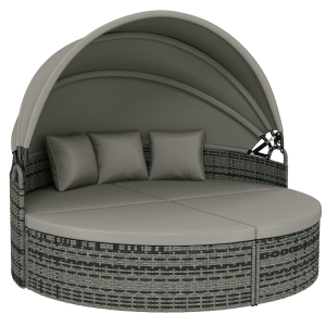 Outsunny Tumbona redonda, cama de jardín exterior modular 3 PSC en resina trenzada con dosel retráctil, gris claro