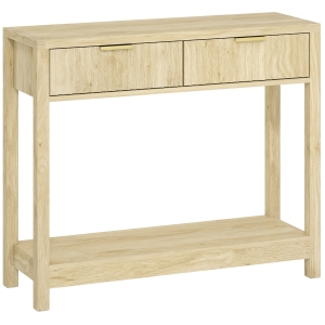 HOMCOM Móvel consola 90 cm, mesa consola estreita com 2 gavetas ranhuradas e prateleira, estilo moderno, madeira natural