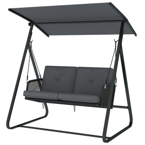 Outsunny Balancelle de jardin 2 places en résine tressée, balançoire extérieure avec toit réglable et coussin épais, gris