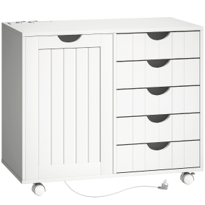 HOMCOM Mueble para Impresora con Estación de Carga y Ruedas 5 Cajones Puertos USB Estante Ajustable Blanco
