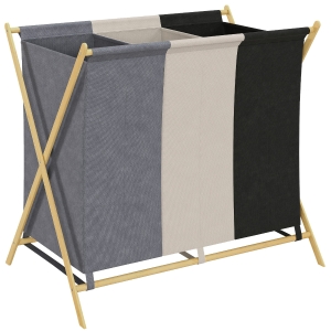 HOMCOM Cesto Portabiancheria Pieghevole a 3 Scomparti, in Bambù e Tessuto Effetto Lino, 75x48x67 cm, Multicolore
