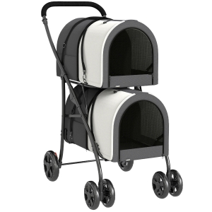 PawHut Carrito Doble para Perros Gatos Plegable con 2 Transportines Extraíbles con Cinturón y Cojines 66x50x98cm Gris Oscuro