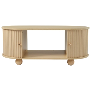 Tavolino da caffè ovale con spazio contenitore e ante scorrevoli, 100x50x40 cm, Color legno