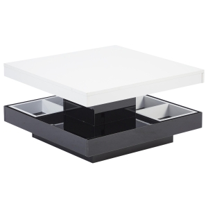 Tavolino da caffè lucido e girevole a 2 livelli con ripiano portaoggetti, 70x70x36 cm, Bianco e Nero