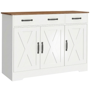 HOMCOM Buffet para cozinha, móvel de arrumação com 3 portas de celeiro, 2 gavetas e prateleiras ajustáveis, 108 x 40 x 81 cm, branco