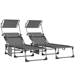 Outsunny Set de 2 Tumbonas Plegables con Reposacabezas Parasol Bolsillo Lateral y Respaldo Reclinable en 5 Posiciones Gris