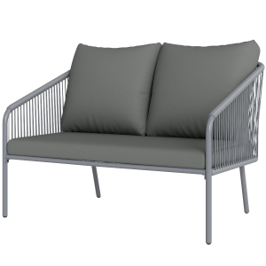 Sofa ogrodowa 2-osobowa rattanowa z poduszkami, kanapa wypoczynkowa na taras, balkon, wodoodporna, szara