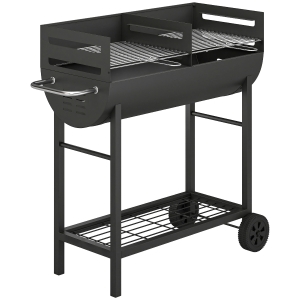 Outsunny Barbecue a Carvão Carrinho com 2 Zonas de Grelha Regulável em Altura Prateleira Rodas Pega Lateral 103x46,5x100 cm