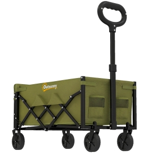 Outsunny 60L Foldable Festival Trolley on Wheels, Collapsible Wagon Cart with Drop-Down Tailgate, Adjustable Handle, Green