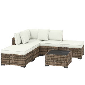 Outsunny Conjunto de Jardim Exterior de Rattan de 6 Peças com Cadeira de Canto, 2 Cadeiras sem Braços, Apoio para Pés e Mesa, Amarelo
