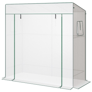 Outsunny Serre de jardin murale adossée avec 1 porte enroulable, bâche PE renforcée, 2 fenêtres, dim. 196L x 77l x 197/178H cm