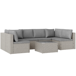 Outsunny 7 Pieces Rattan Garden Furniture Set, 6 Seater Garden Corner Sofa with Cushions and Glass Top Table, Sectional Outdoor Furniture Conservatory Set for Patio, Grey