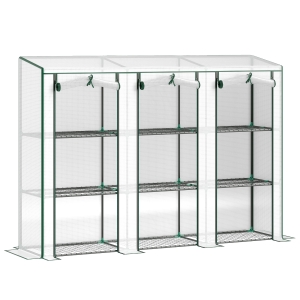 Outsunny Serre de jardin avec étagères à 3 niveaux serre de balcon 3 portes enroulables zippées 215 x 46 x 151 cm blanc