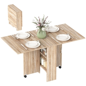 HOMCOM Table à manger pliante mobile sur roulettes 2 plateaux rabattables et 2 étagères intégrées 140 x 80 x 74 cm naturel