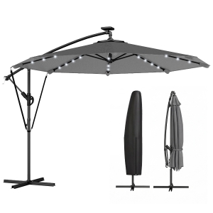 Outsunny Parasol Déporté Parasol de Jardin LED Solaire 32 Lampes LED Manivelle UV 50+ et Housse de Protection Ø 295cm Gris