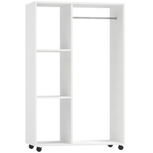 HOMCOM Open Wardrobe on Wheels, Bedroom Wardrobe with Clothes Hanging Rail, 3 Storage Shelves, Mobile Garment Rack for Cloakroom, Hallway, White
