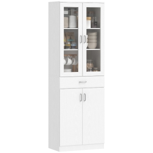 HOMCOM Buffet haut cuisine, armoire de cuisine, 4 portes dont 2 en verre, tiroirs, étagères réglables, 60x35x180cm, blanc