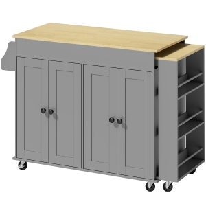HOMCOM Ilha de Cozinha com Rodas Tampo Extensível Carrinho de Cozinha com 4 Portas Prateleiras Ajustáveis Estante Lateral Aberta Cinza