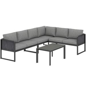 Outsunny Conjunto de Sofá de Canto para Jardim em Metal, 3 Poltronas, Mesa com Efeito Madeira, Cinza Escuro