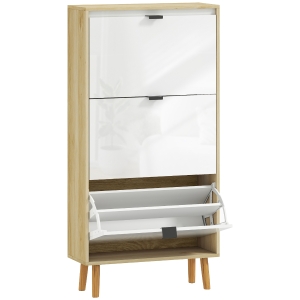 HOMCOM Sapateira Estreita com 3 Portas em Branco Brilhante Prateleiras Ajustáveis Pernas de Madeira para 18 Pares de Sapatos 60x24x127 cm