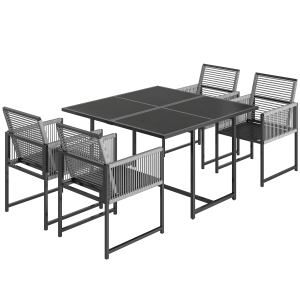 Outsunny Conjunto de Móveis de Jardim 5 peças Mesa de Vidro com 4 Cadeiras Respiráveis Dobráveis Encosto Trançado em Corda