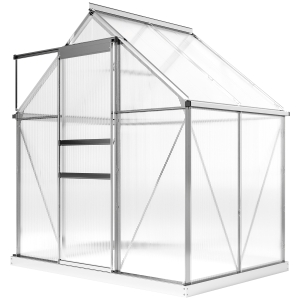 Outsunny Serre de jardin en aluminium polycarbonate avec fondation, serre avec fenêtre réglable porte coulissante 192,5x131x200cm