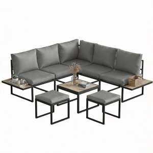 Outsunny Salon de jardin extérieur 6 personnes modulable table basse et plateaux latéraux en bois PSPC coussins épais 10cm gris