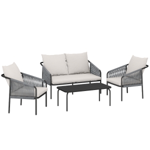 Outsunny Gartenmöbel Set 4-teilig Polyrattan Lounge-Set mit Zweisitzer 2 Sessel Couchtisch abnehmbar Kissen Bindebändern