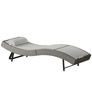 Outsunny Chaise longue en résine tressé, bain de soleil avec dossier réglable 5 positions et appui-tête, 198 x 61 x 44 cm, gris