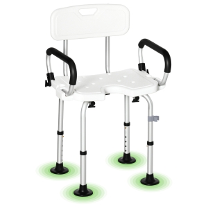 HOMCOM Chaise de douche, tabouret de douche réglable en hauteur avec dossier et accoudoirs rabattables, assise U, pieds antidérapants à ventouses, pour personnes âgées et handicapées, alu HDPE, blanc