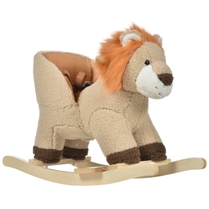 HOMCOM Cheval à Bascule modèle Lion Fonction Musicale Selle Grand Confort Peluche Courte Douce Pour Enfants 18-36 Mois Bois peuplier Marron dim. 68L x 35l x 50H cm