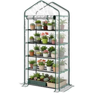 Outsunny Serre de jardin PVC avec étagères 5 niveaux, serre de balcon, châssis en acier, porte zippée, 90x49x193cm, transparent