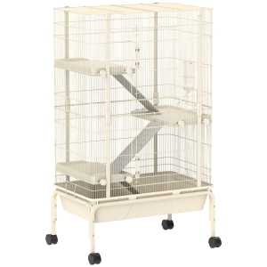 PawHut Cage pour lapin enclos à 4 niveaux avec 2 portes 3 rampes plateau profond roulettes 69 x 44 x 120 cm beige