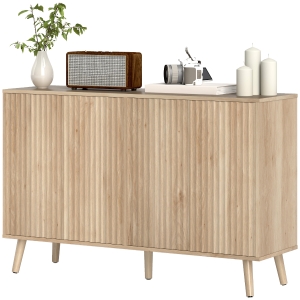 HOMCOM Buffet salon, meuble de rangement avec 4 portes cannelés à ouverture par pression 120 x 35 x 77,5 cm, chêne
