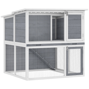 PawHut Hasenstall 2 Etagen Kaninchenstall aus Holz mit wetterfest aufklappbar Dach, Freilaufgehege, Rampe, 98x95x102,5 cm Grau