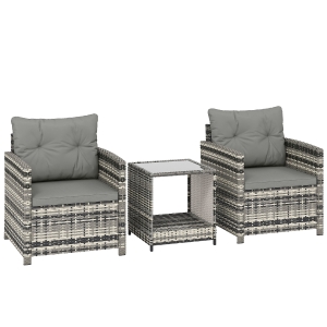 Outsunny Rattan Bistro Set, 3 Piece Garden Furniture Set with 2 Tier Glass Top Table and Cushions, Mixed Grey