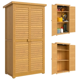 Outsunny Armoire de jardin remise pour outils en bois 2 étagères toit bitumé portes persiennes 87 x 47 x 160 naturel
