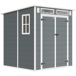 Outsunny 6 x 6 ft Plastic Garden Shed, Wood-Effect Outdoor Storage Shed with Floor, Windows, Lockable Doors and Vents, Grey