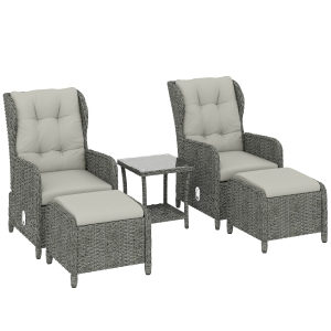Outsunny Rattan Reclining Garden Chair Set of 2 with Footstool and Cushion for Balcony, Cream