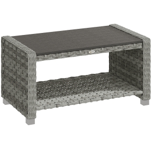 Outsunny Outdoor Coffee Table with Storage Shelf, PE Rattan Side Table with Slatted Top and Foot Pads, Grey