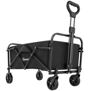 Outsunny Carrello da Giardino Pieghevole 66L con Manico Regolabile e Portabicchieri, Nero
