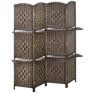 HOMCOM Biombo Separador de Ambientes 4 Paneles 160x170 cm con 2 Estantes de Exhibición Pantalla de Privacidad Plegable Marrón