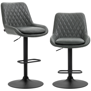 HOMCOM Retro Bar Stools Set of 2, Adjustable Kitchen Stool, Upholstered Bar Chairs with Back, Swivel Seat, Dark Grey