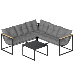 Outsunny Conjunto de Jardín Exterior con Cojines Gruesos 2 Sofás de 2 Plazas Sofá de Esquina y Mesa de Centro de Vidrio Gris