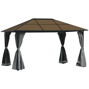 Outsunny Tonnelle pavillon de jardin avec toit rigide polycarbonate imperméable 4 parois latérales anti-UV moustiquaires 4 x 3 m gris foncé et noir