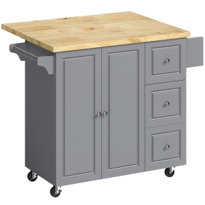 HOMCOM Kitchen Island on Wheels, Rolling Kitchen Storage Trolley with Drop Leaf, Drawers, Towel and Spice Rack, Grey
