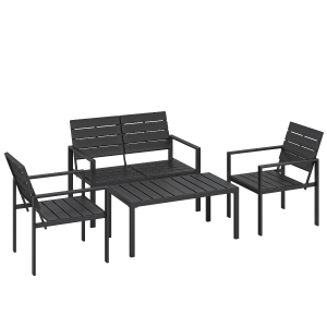 Outsunny Zestaw Mebli Ogrodowych dla 4 Osób Sofa Dwuosobowa 2 Fotele Stolik Kawowy Design z Listwami Czarny